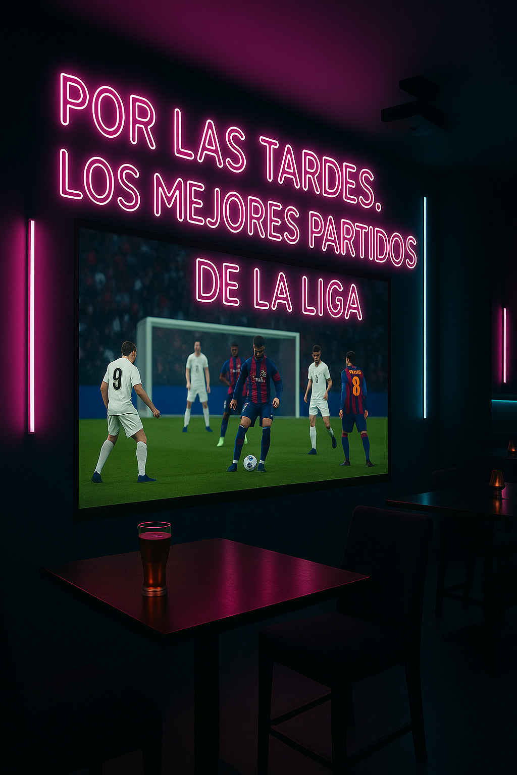 Cartel de neón rosa con texto Los mejores partidos de la liga en M3 Pub