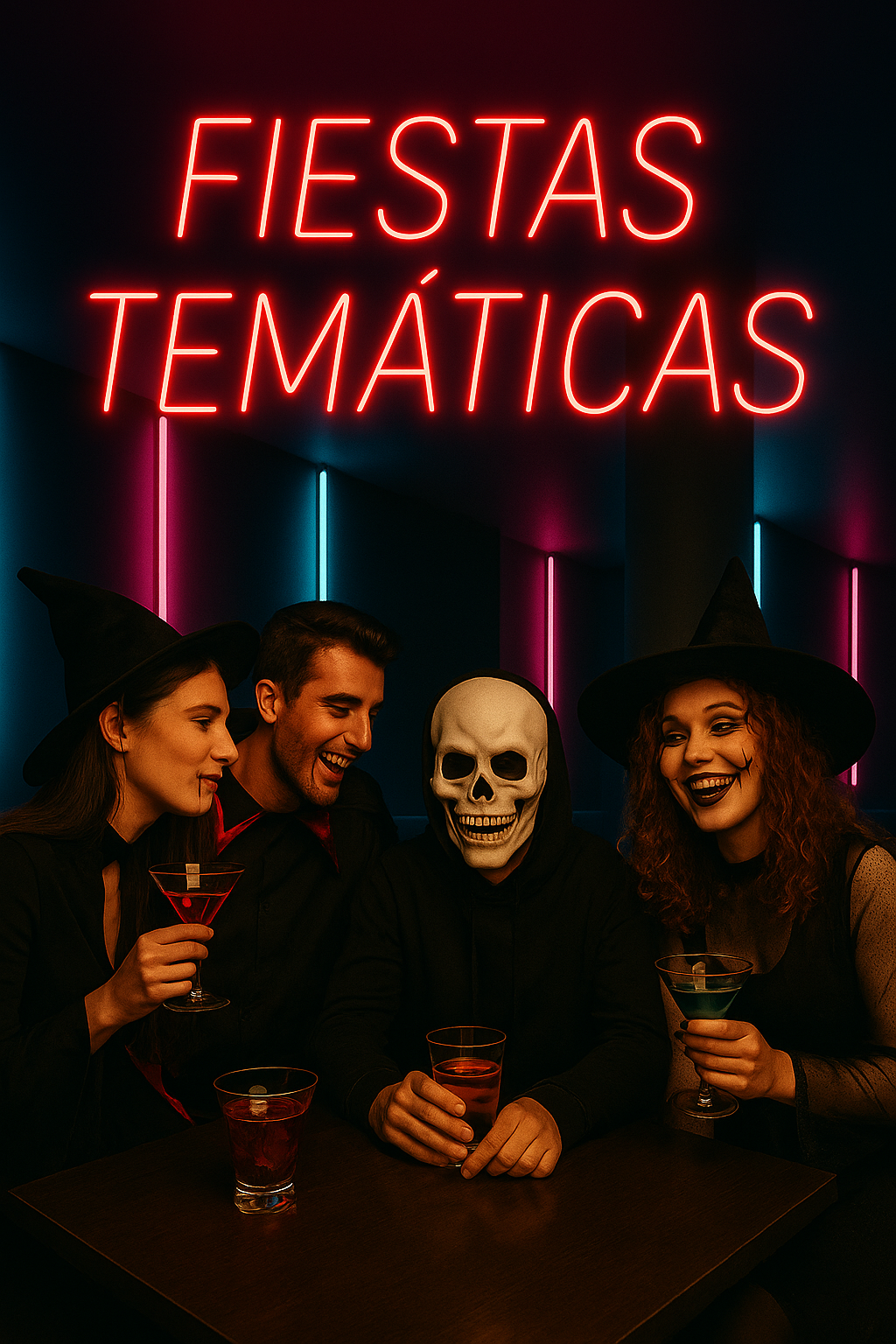 Cartel de neón rojo con texto Fiestas Temáticas en M3 Pub Llíria