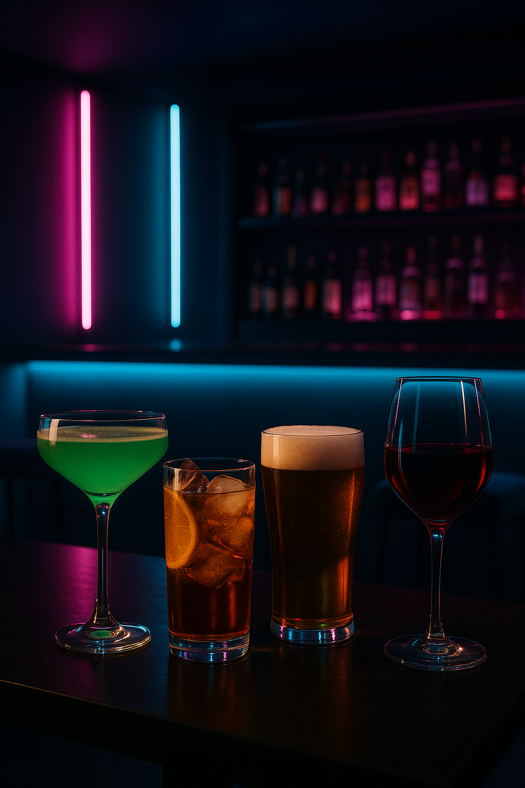 Cócteles variados sobre barra iluminada con luces de neón en M3 Pub